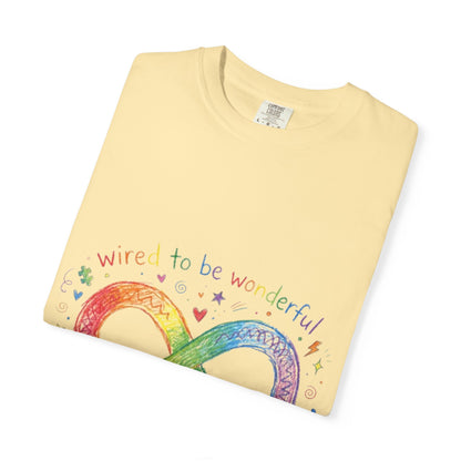 Infinity Pride T-Shirt — “Wired to be Wonderful” Rainbow Autism Awareness Tee
